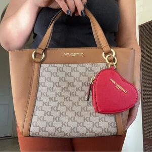 Karl Lagerfeld Paris Iris Faux Leather Monogram Tote W/Heart Zipper Pouch